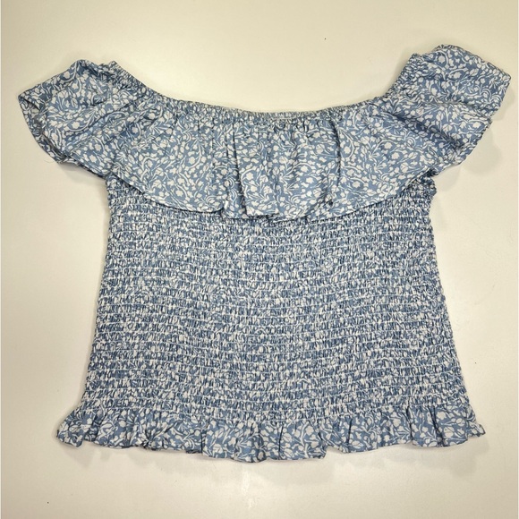 Blue Smocked Ruffle Neckline Shirred Blouse Size Large By Miss Selfie - Picture 3 of 10